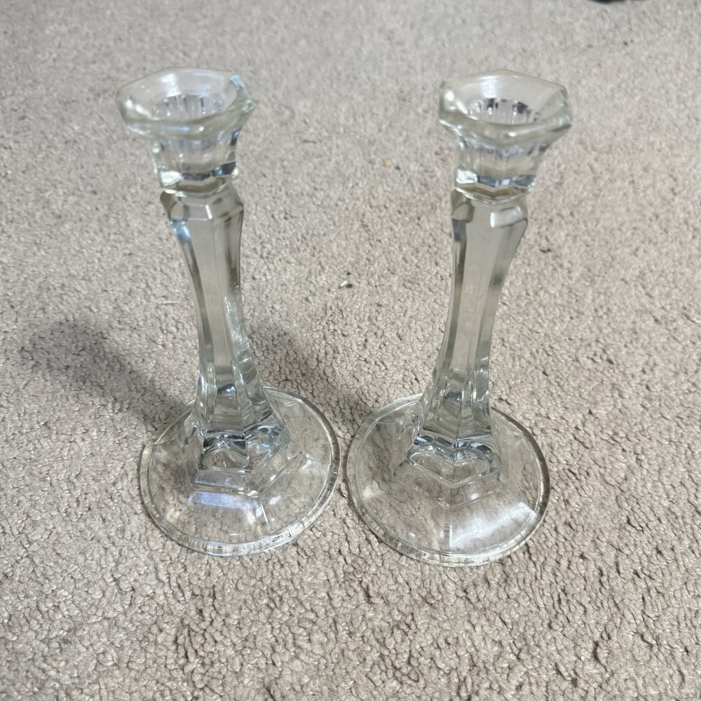 Vintage Indiana Glass Candle Pair Of Candlestick Crystal 8 Inches Cottagecore